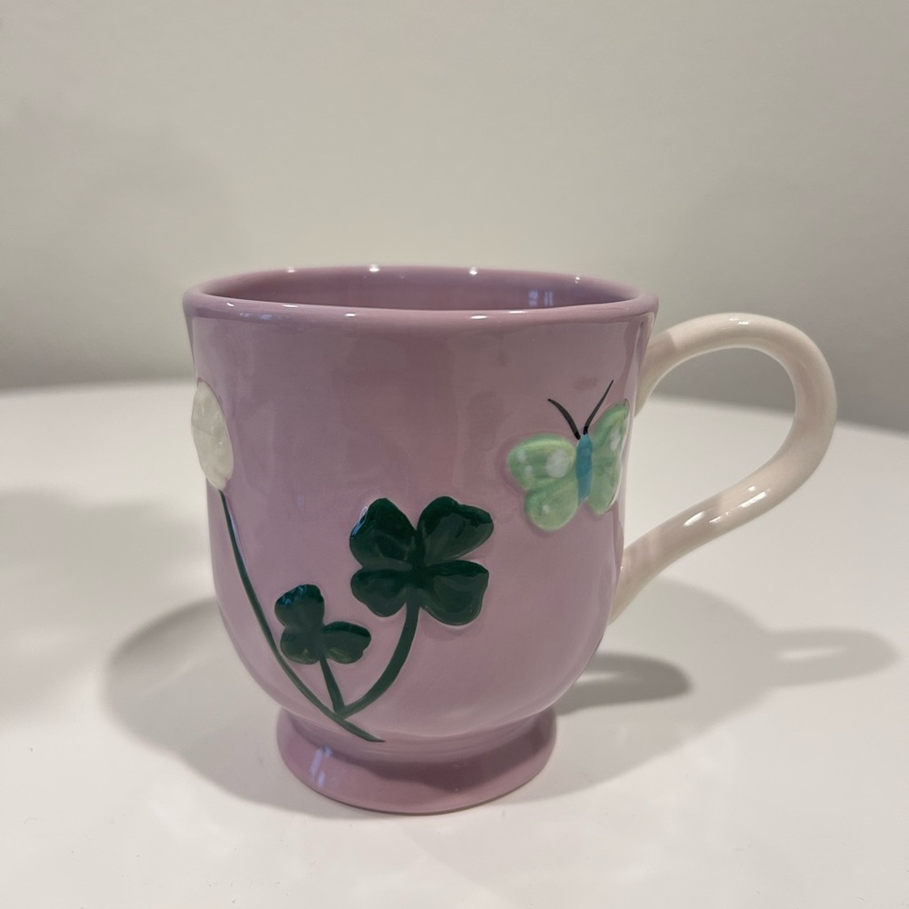 Anthropologie Faye Hand Painted Coffee Mug lilac flower butterfly design